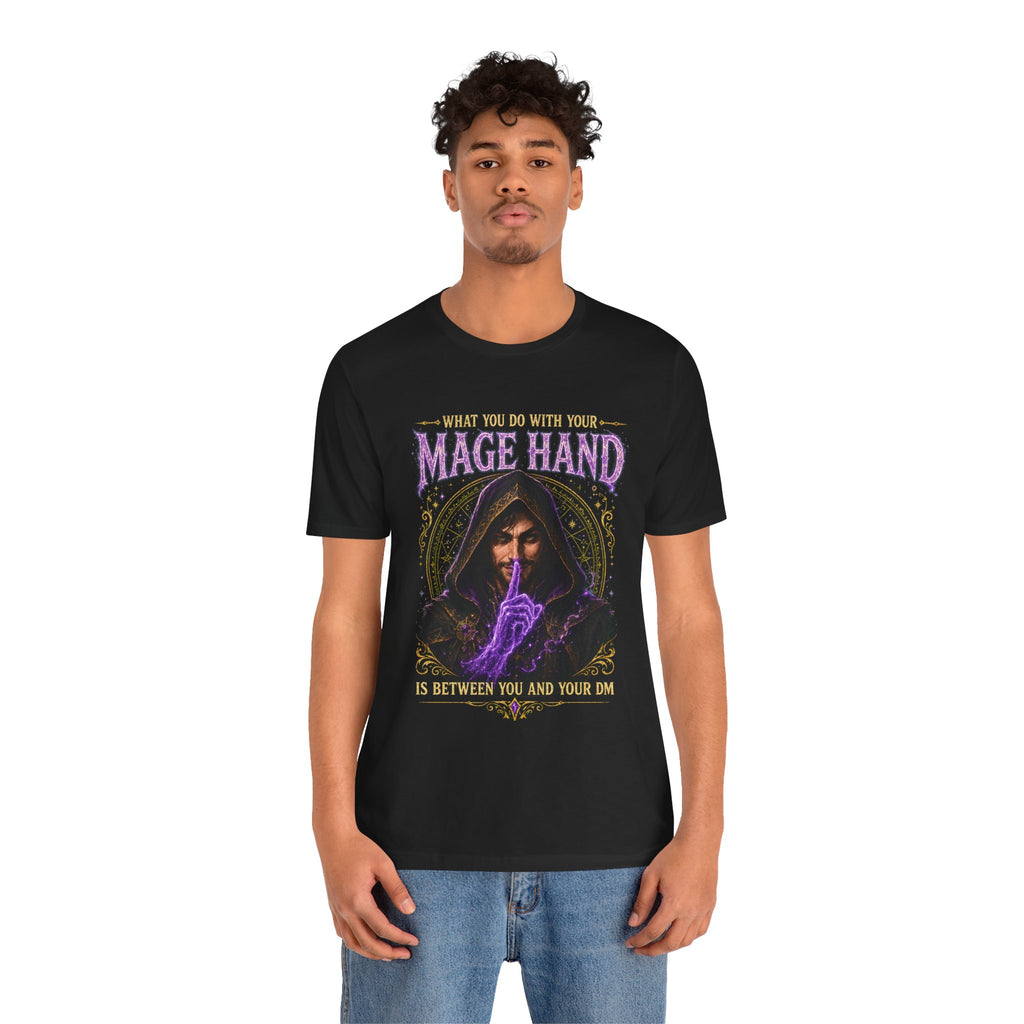 Mage Hand tabletop RPG graphic T-shirt, black shirt front view modeled with a relaxed stance.