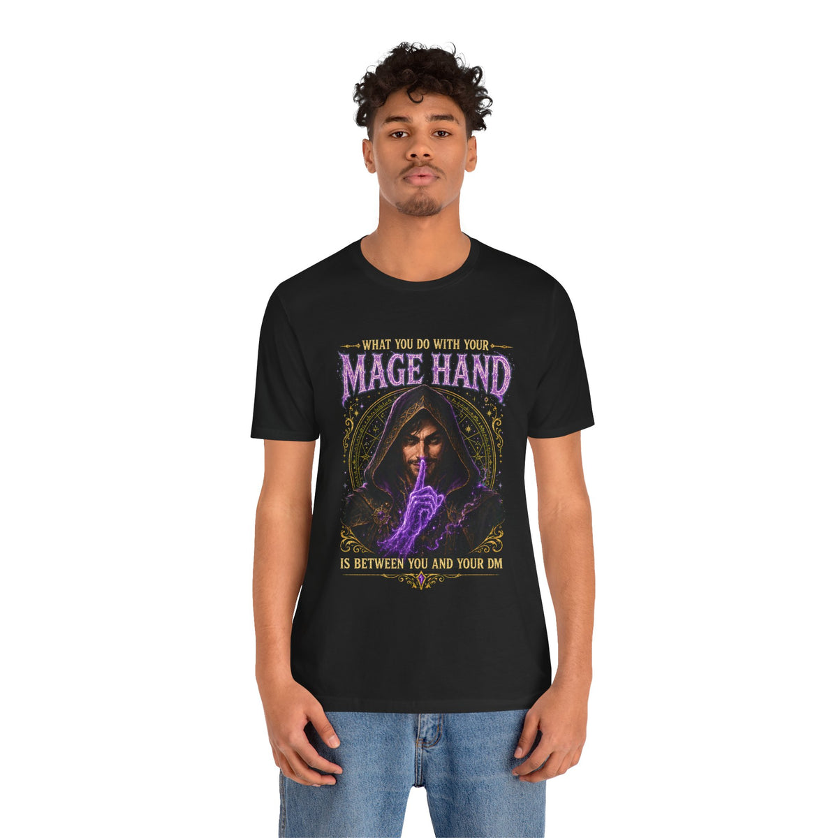 Mage Hand tabletop RPG graphic T-shirt, black shirt front view modeled with a relaxed stance.