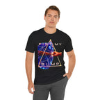 Fist My Bump Rocky and Grace sci-fi graphic T-shirt, black shirt front view modeled with one hand in a pocket.