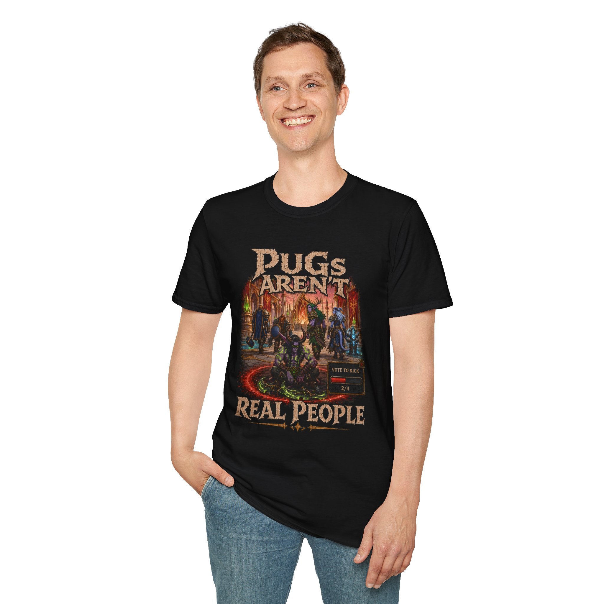 PUGs Aren't Real People fantasy dungeon graphic T-shirt, black shirt modeled by a standing woman.