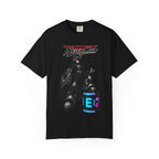 NegaMan emo robot superhero graphic T-shirt, black shirt front view.