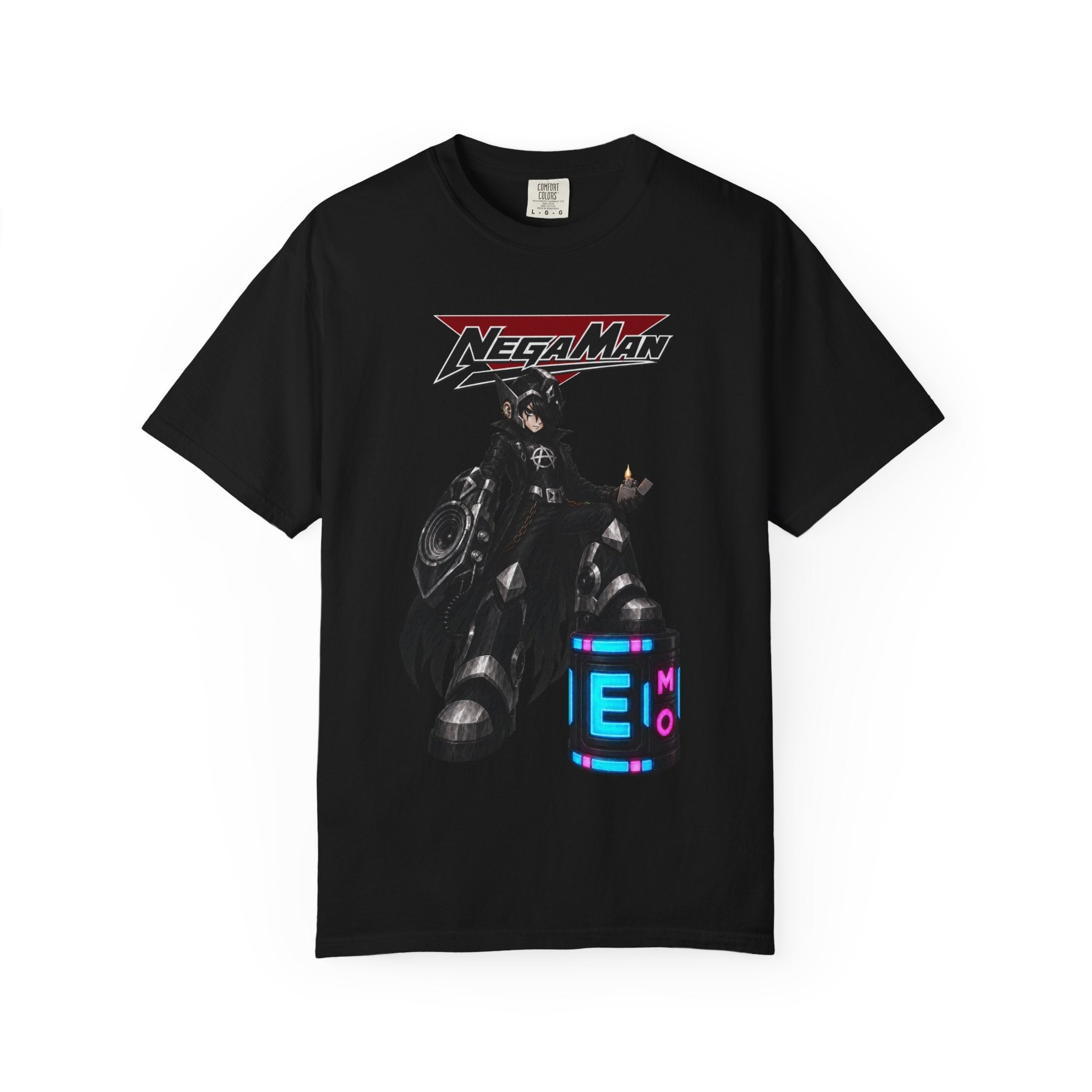 NegaMan emo robot superhero graphic T-shirt, black shirt front view.