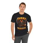 Furry Warrior vulpera fantasy MMO graphic T-shirt, black shirt front view modeled with one hand in a pocket.