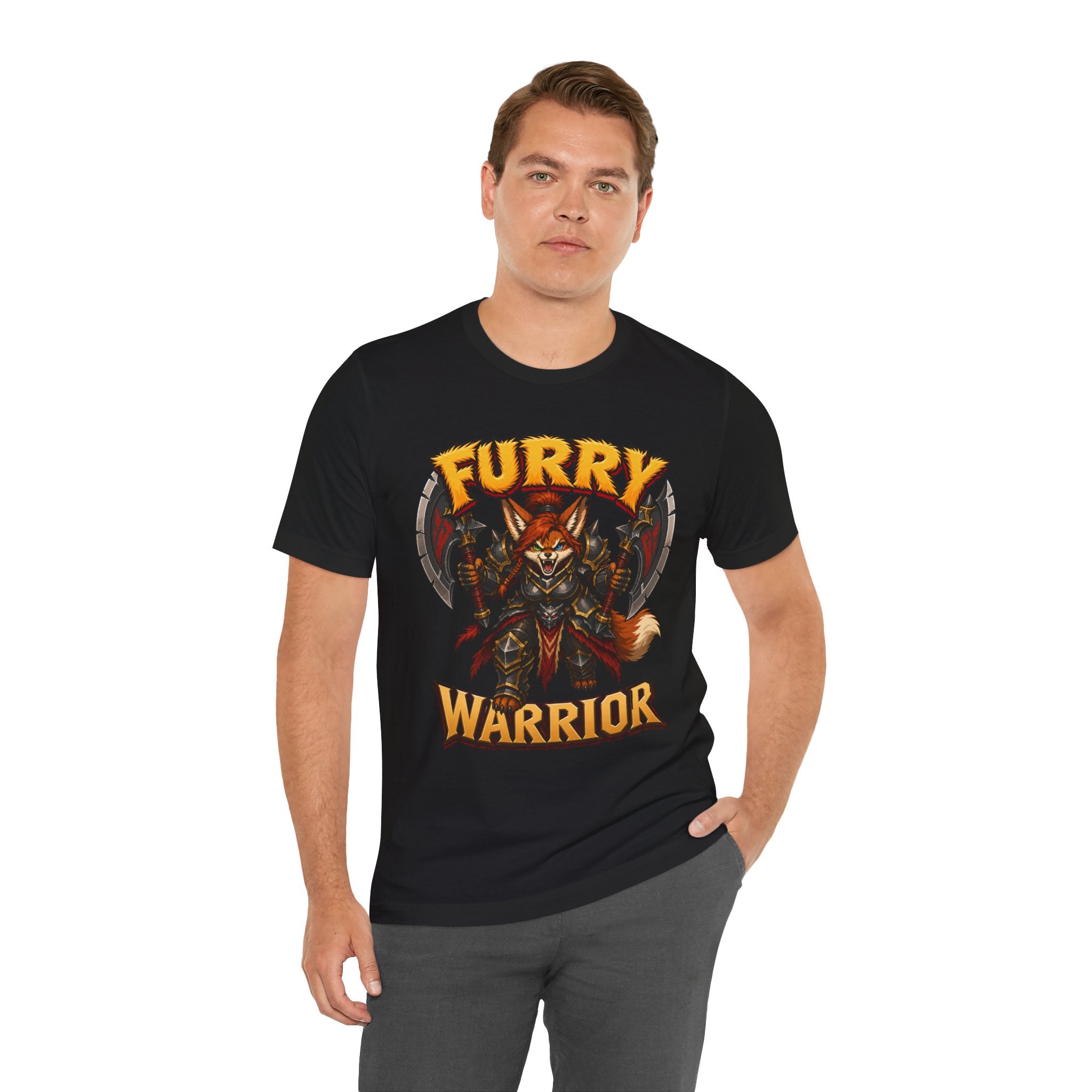 Furry Warrior vulpera fantasy MMO graphic T-shirt, black shirt front view modeled with one hand in a pocket.