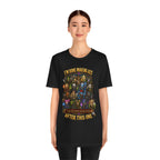 I'm Done Making Alts After This One fantasy MMO graphic T-shirt, black shirt front view modeled by a standing person.