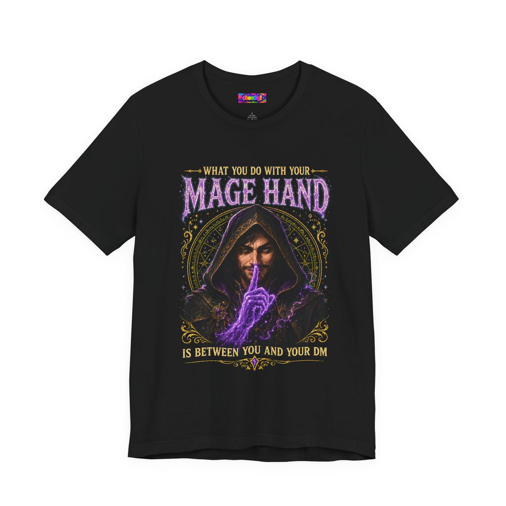 Mage Hand tabletop RPG graphic T-shirt, black shirt front view.