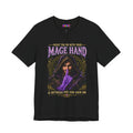 Mage Hand tabletop RPG graphic T-shirt, black shirt front view.