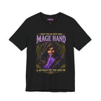 Mage Hand tabletop RPG graphic T-shirt, black shirt front view.