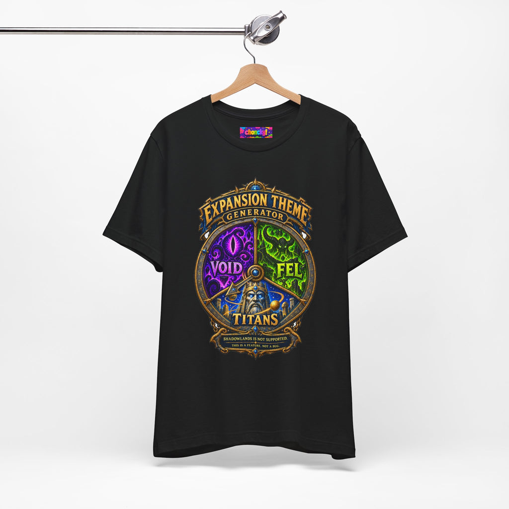 Expansion Theme Generator fantasy MMO graphic T-shirt, black shirt hanging from a wooden hanger.