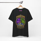 Expansion Theme Generator fantasy MMO graphic T-shirt, black shirt hanging from a wooden hanger.