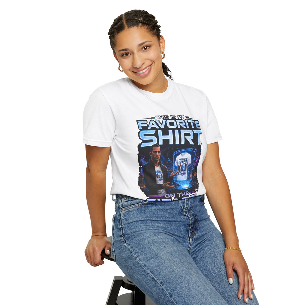 Commander's Favorite Shirt on the Citadel sci-fi graphic T-shirt, white shirt three-quarter view modeled by a person.