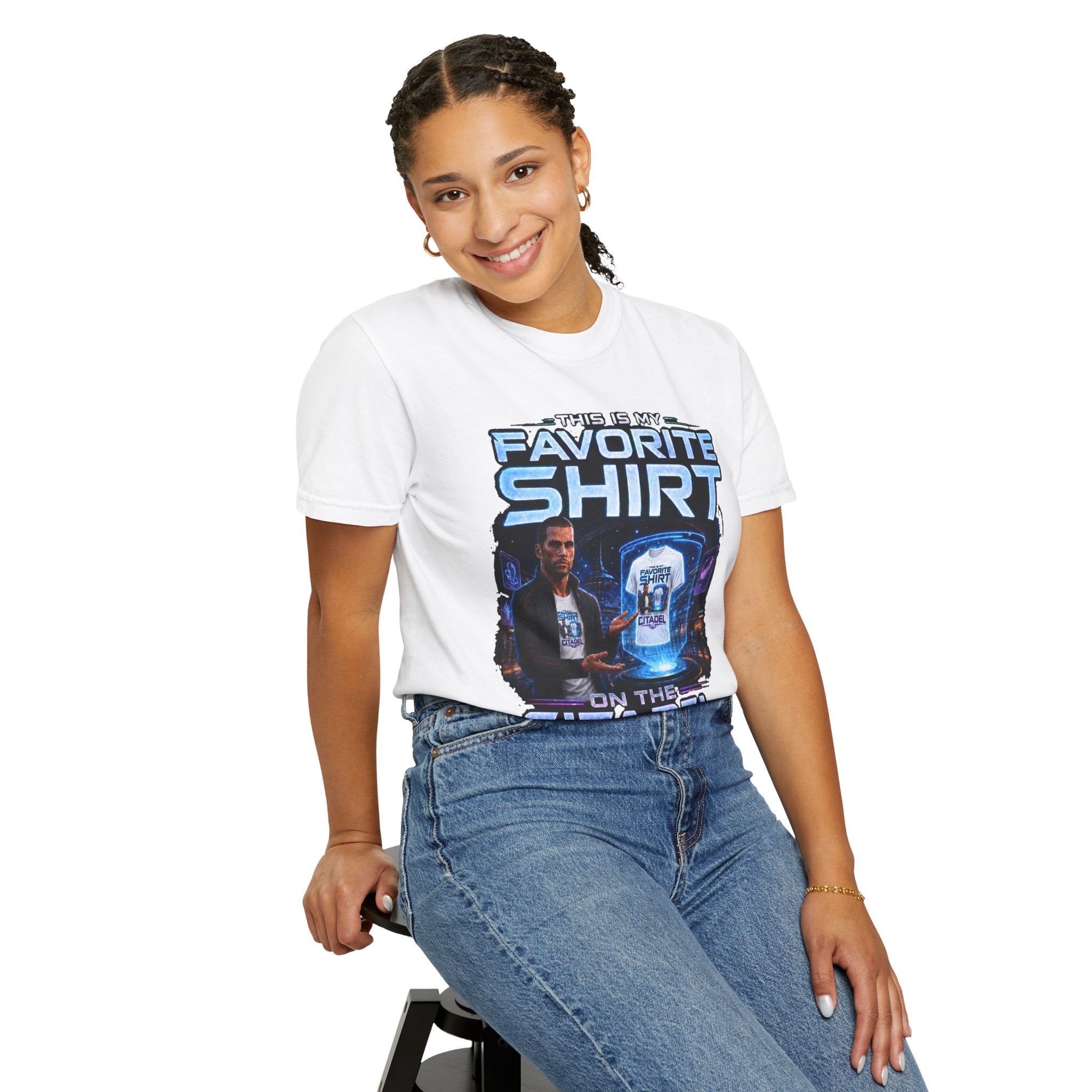 Commander's Favorite Shirt on the Citadel sci-fi graphic T-shirt, white shirt three-quarter view modeled by a person.