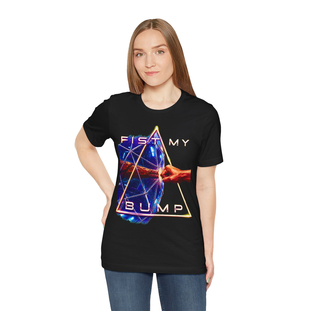 Fist My Bump Rocky and Grace sci-fi graphic T-shirt, black shirt front view modeled with one hand on the hip.