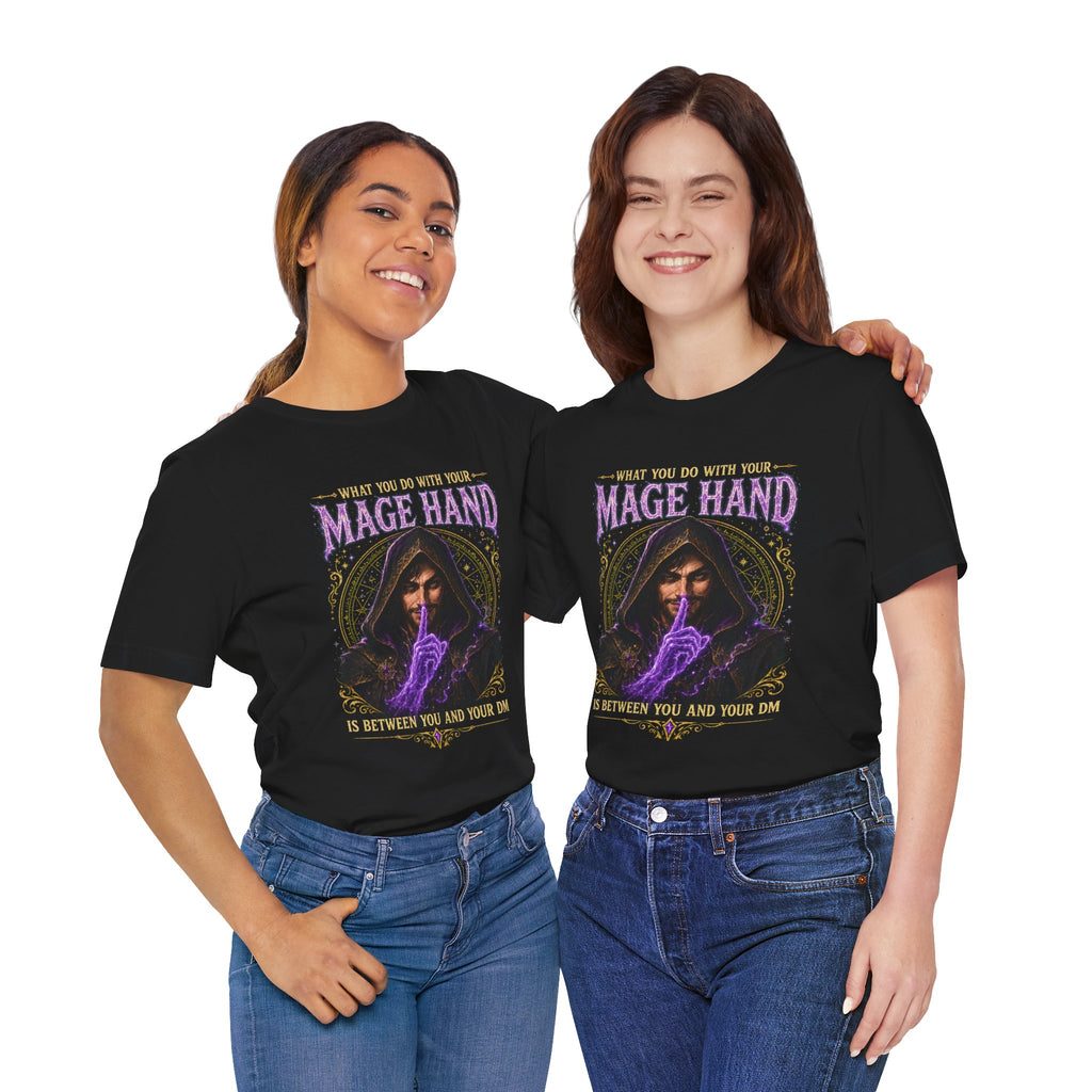 Mage Hand tabletop RPG graphic T-shirt, black shirts modeled by two women.