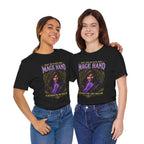 Mage Hand tabletop RPG graphic T-shirt, black shirts modeled by two women.