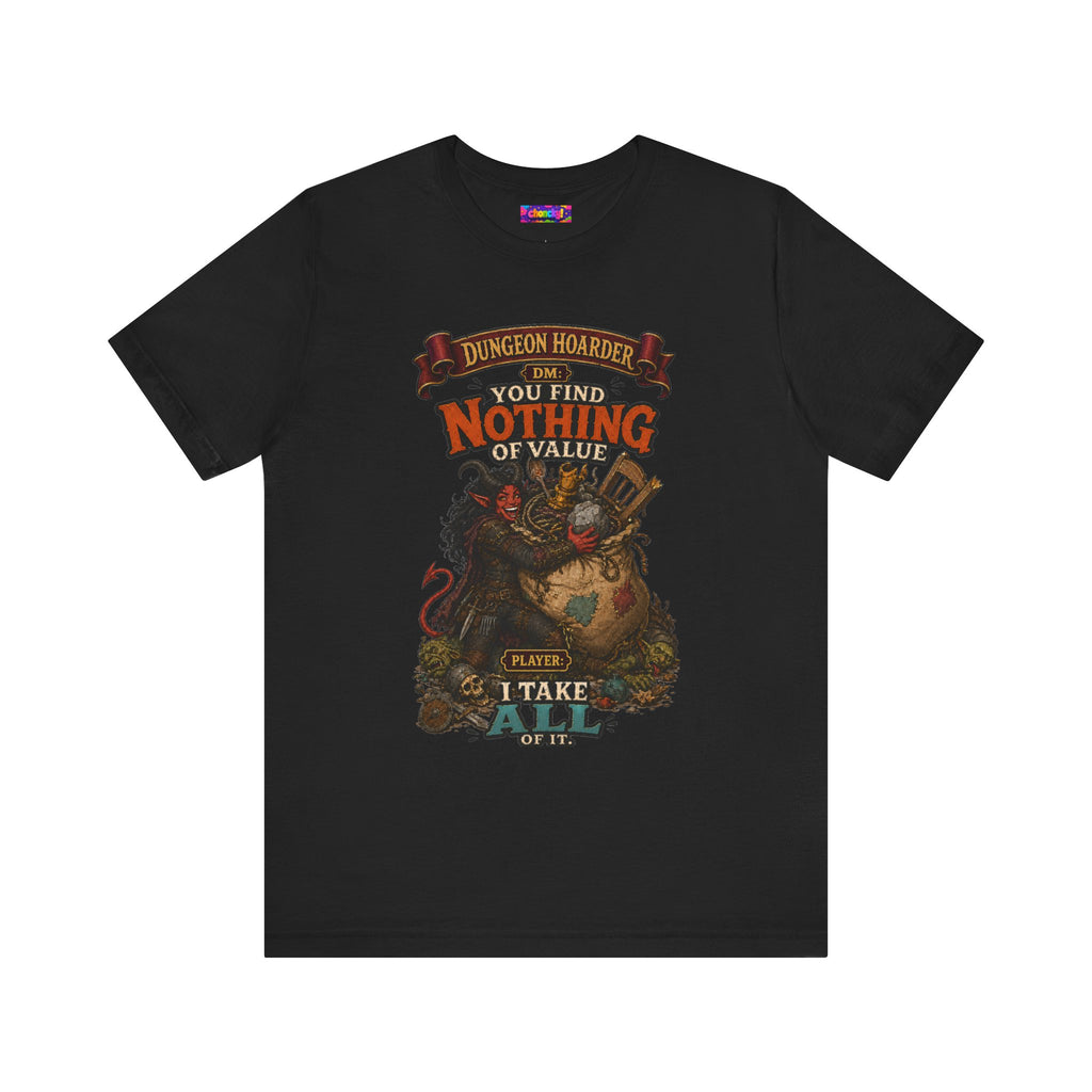 Dungeon Hoarder tiefling tabletop RPG graphic T-shirt, black shirt laid flat, front view.