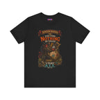 Dungeon Hoarder tiefling tabletop RPG graphic T-shirt, black shirt laid flat, front view.