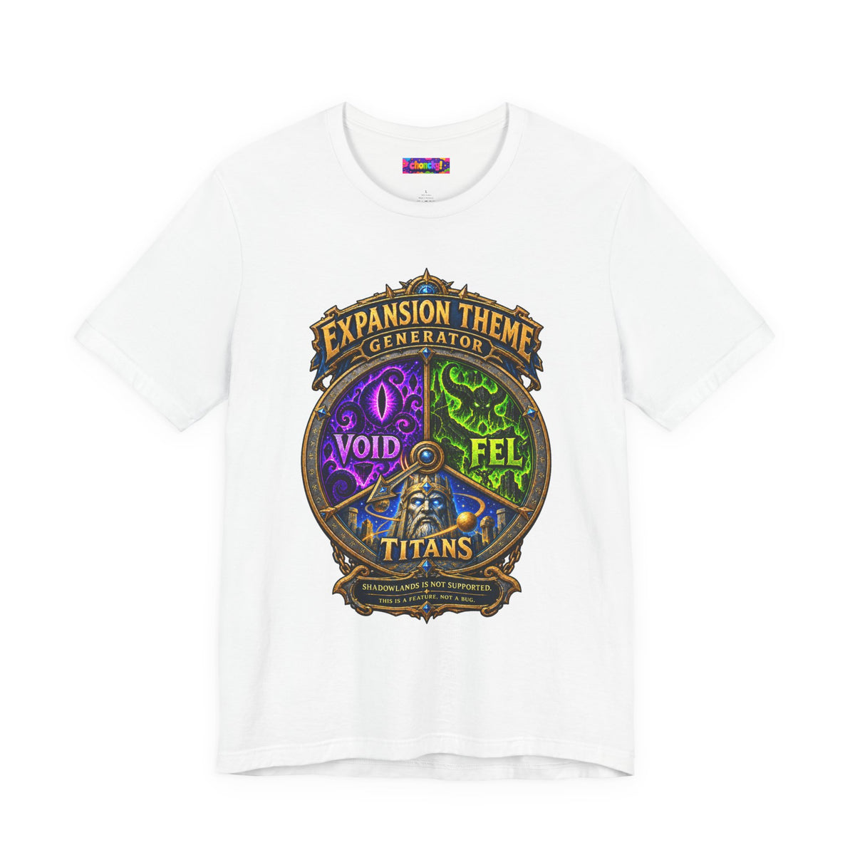 Expansion Theme Generator fantasy MMO graphic T-shirt, white shirt front view.