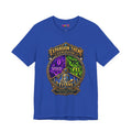 Expansion Theme Generator fantasy MMO graphic T-shirt, blue shirt front view.