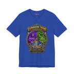 Expansion Theme Generator fantasy MMO graphic T-shirt, blue shirt front view.