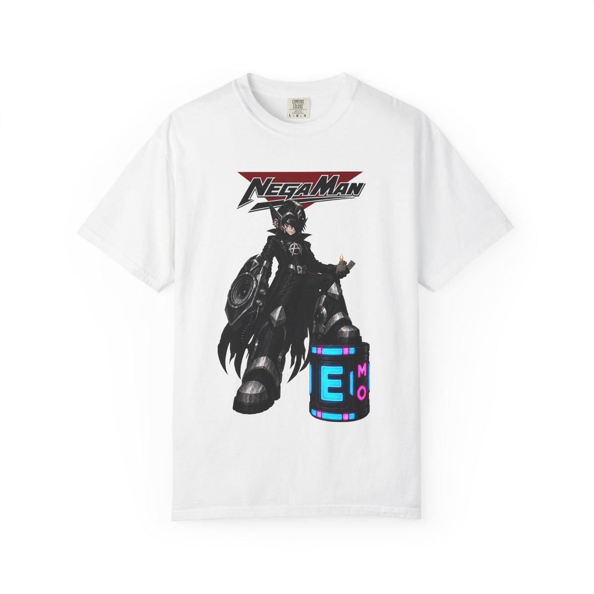 NegaMan emo robot superhero graphic T-shirt, white shirt front view.