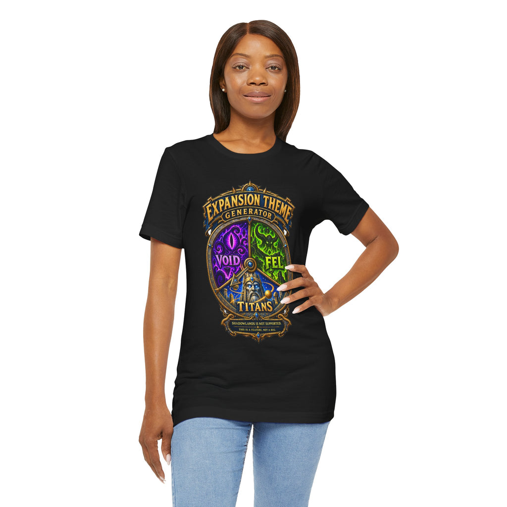 Expansion Theme Generator fantasy MMO graphic T-shirt, black shirt front view modeled with the shirt tucked into jeans.