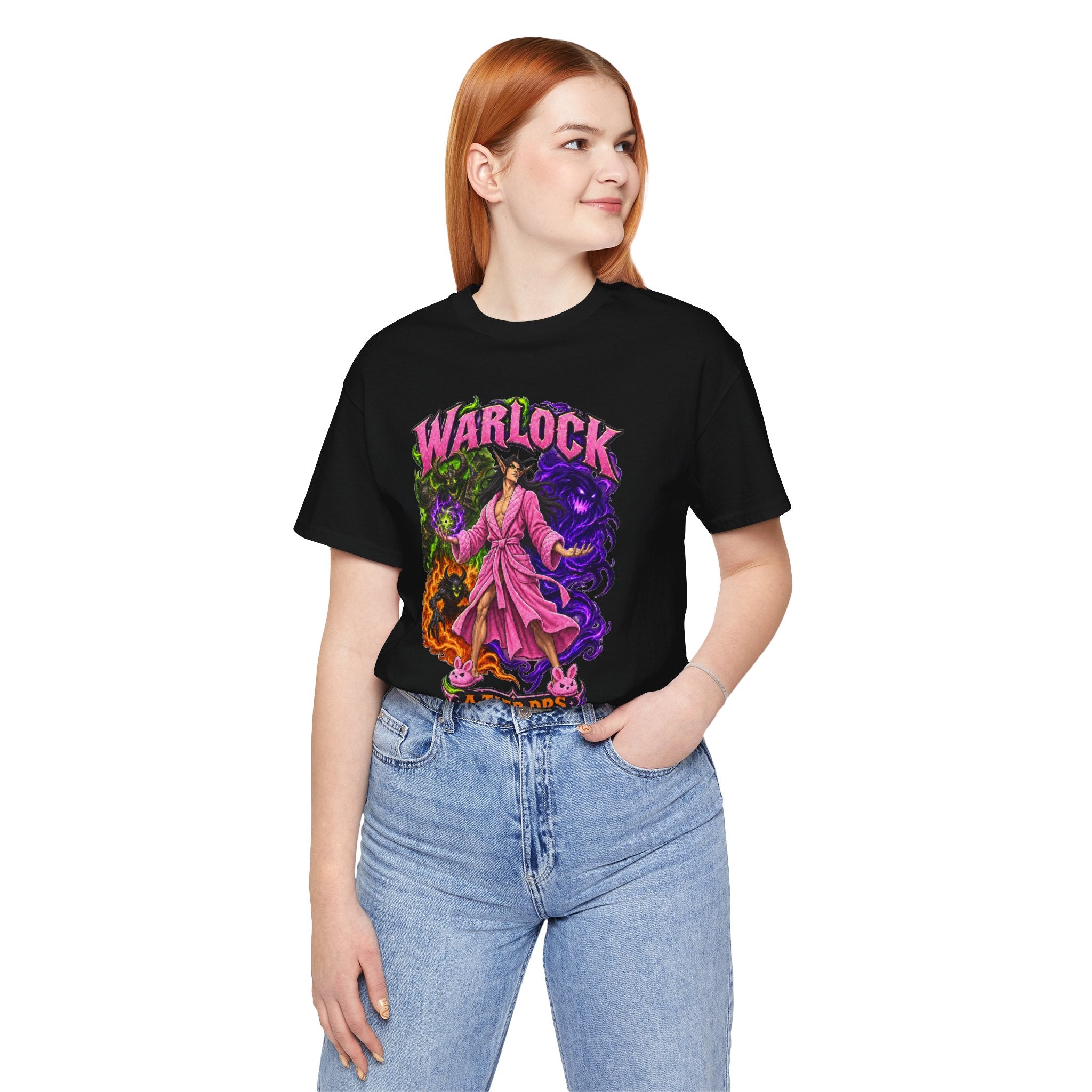 Warlock A-Tier DPS, S-Tier Comfort fantasy gamer T-shirt, black shirt front view modeled in a casual stance.