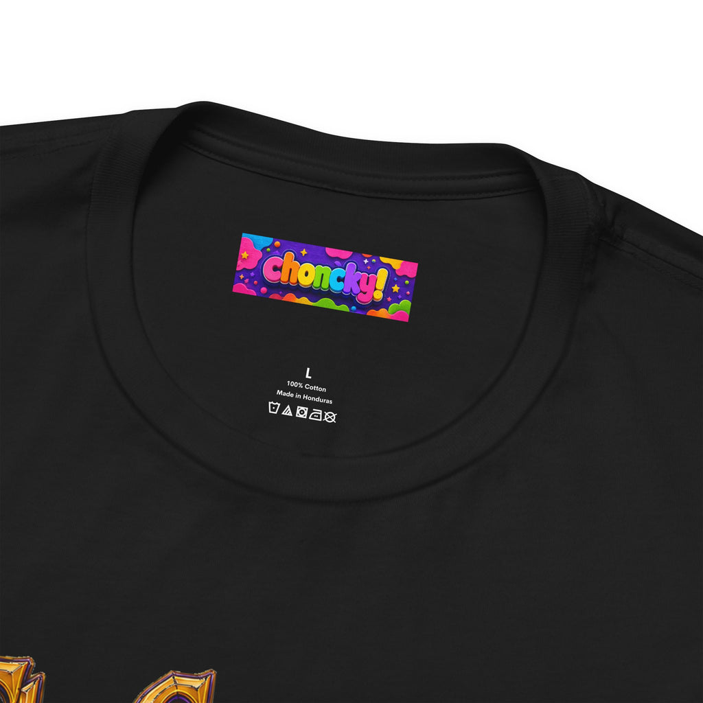 Great Vault Reset Regret Repeat fantasy MMO graphic T-shirt, close-up of the Choncky neck label.