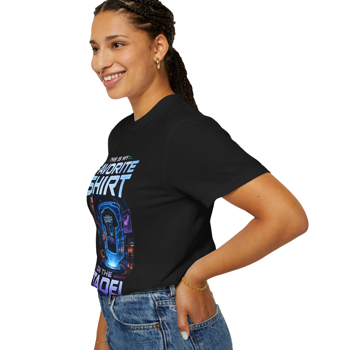 Commander's Favorite Shirt on the Citadel sci-fi graphic T-shirt, black shirt front view modeled with hands at the sides.