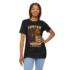 I Have a Plan Barrelmancer fantasy RPG graphic T-shirt, black shirt front view modeled with the shirt tucked into jeans.