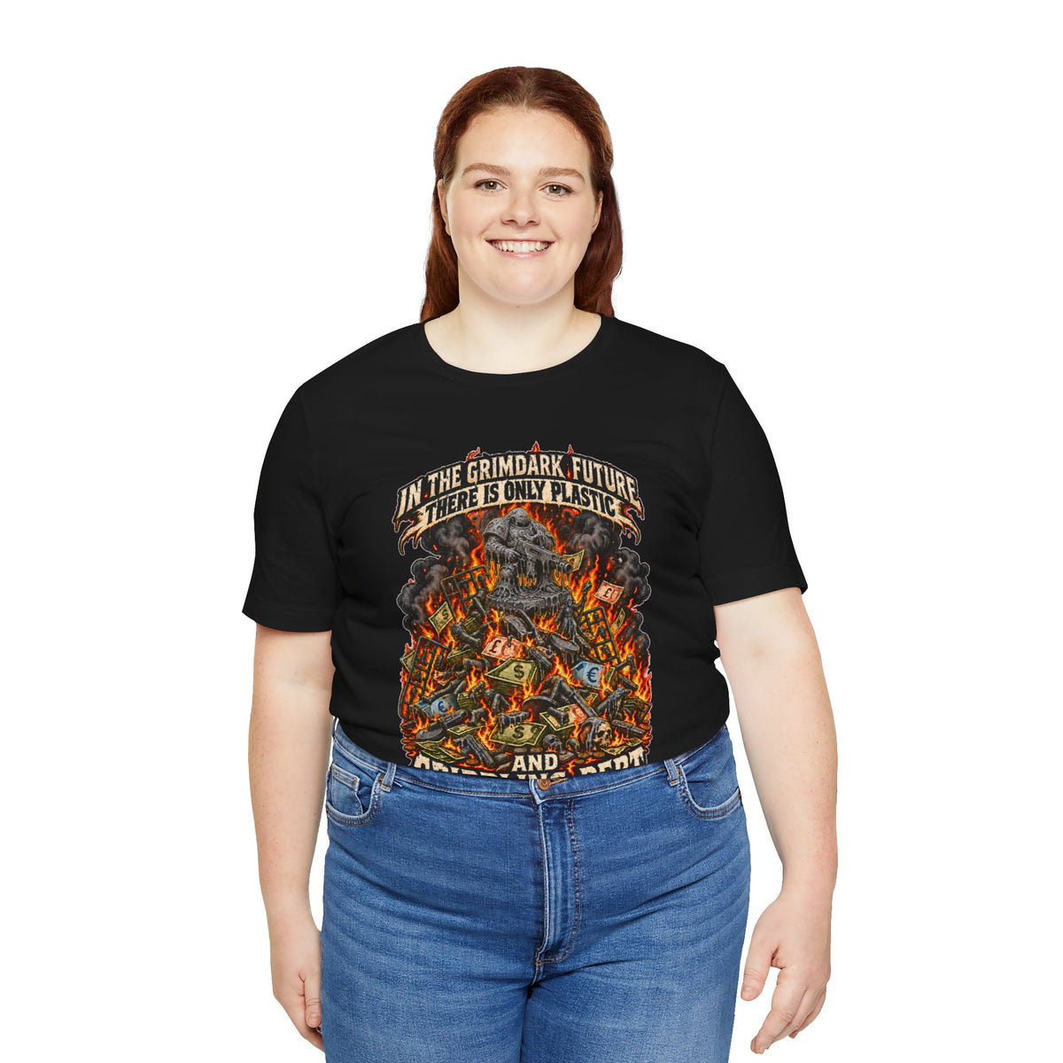 Only Plastic & Crippling Debt graphic T-shirt product mockup