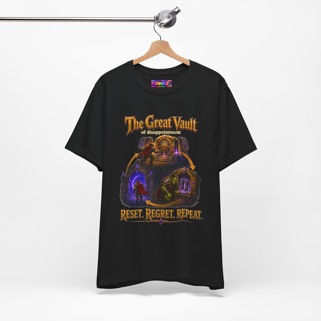 Great Vault Reset Regret Repeat fantasy MMO graphic T-shirt, black shirt hanging from a wooden hanger.