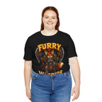 Furry Warrior vulpera fantasy MMO graphic T-shirt, black shirt front view modeled with hands at the sides.