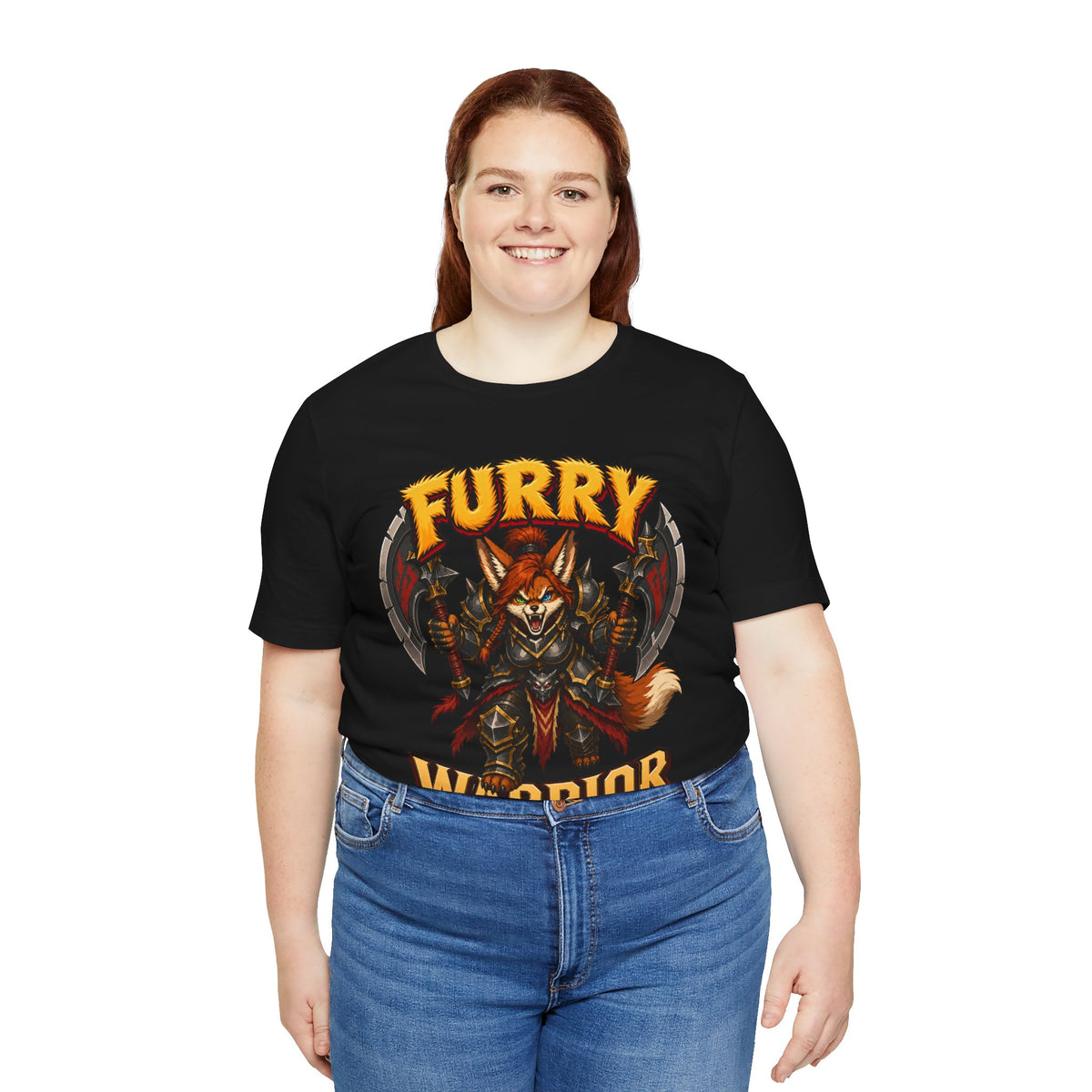 Furry Warrior vulpera fantasy MMO graphic T-shirt, black shirt front view modeled with hands at the sides.