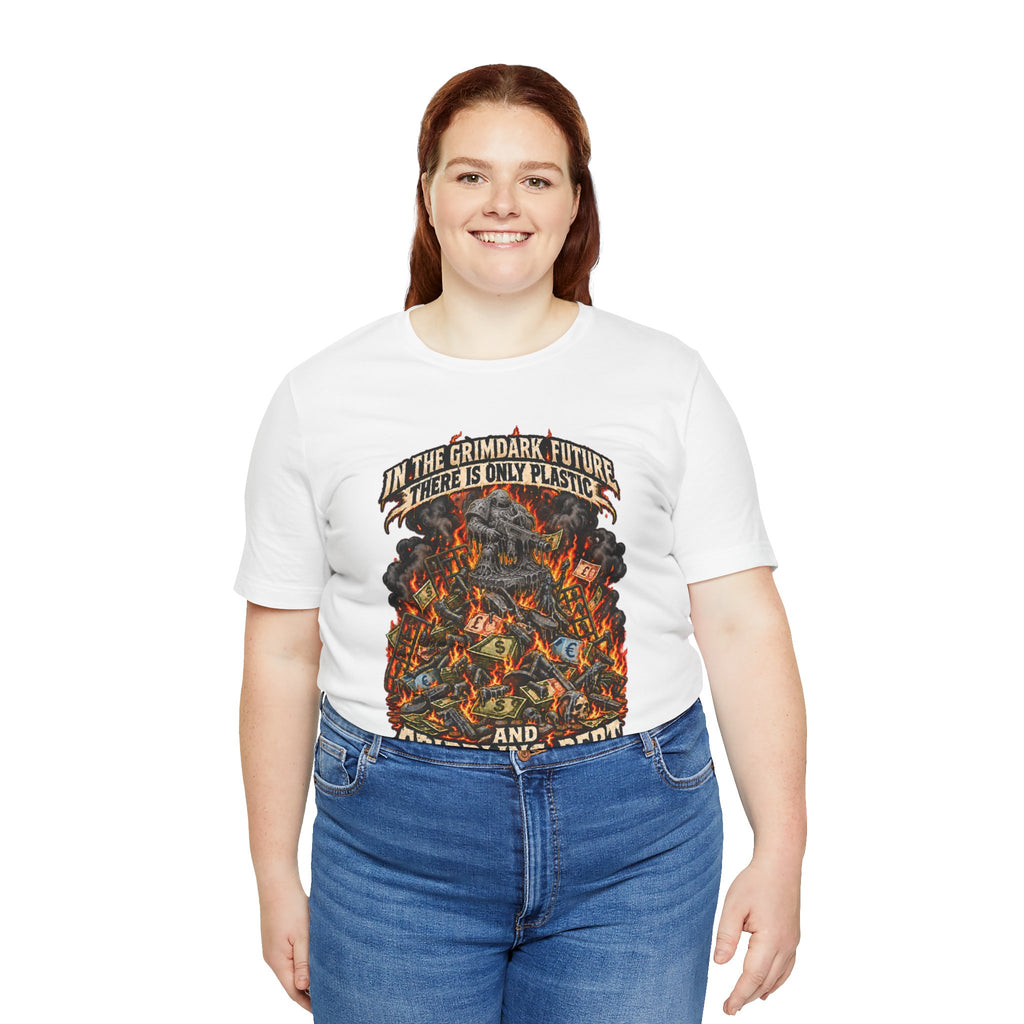 Only Plastic & Crippling Debt graphic T-shirt product mockup