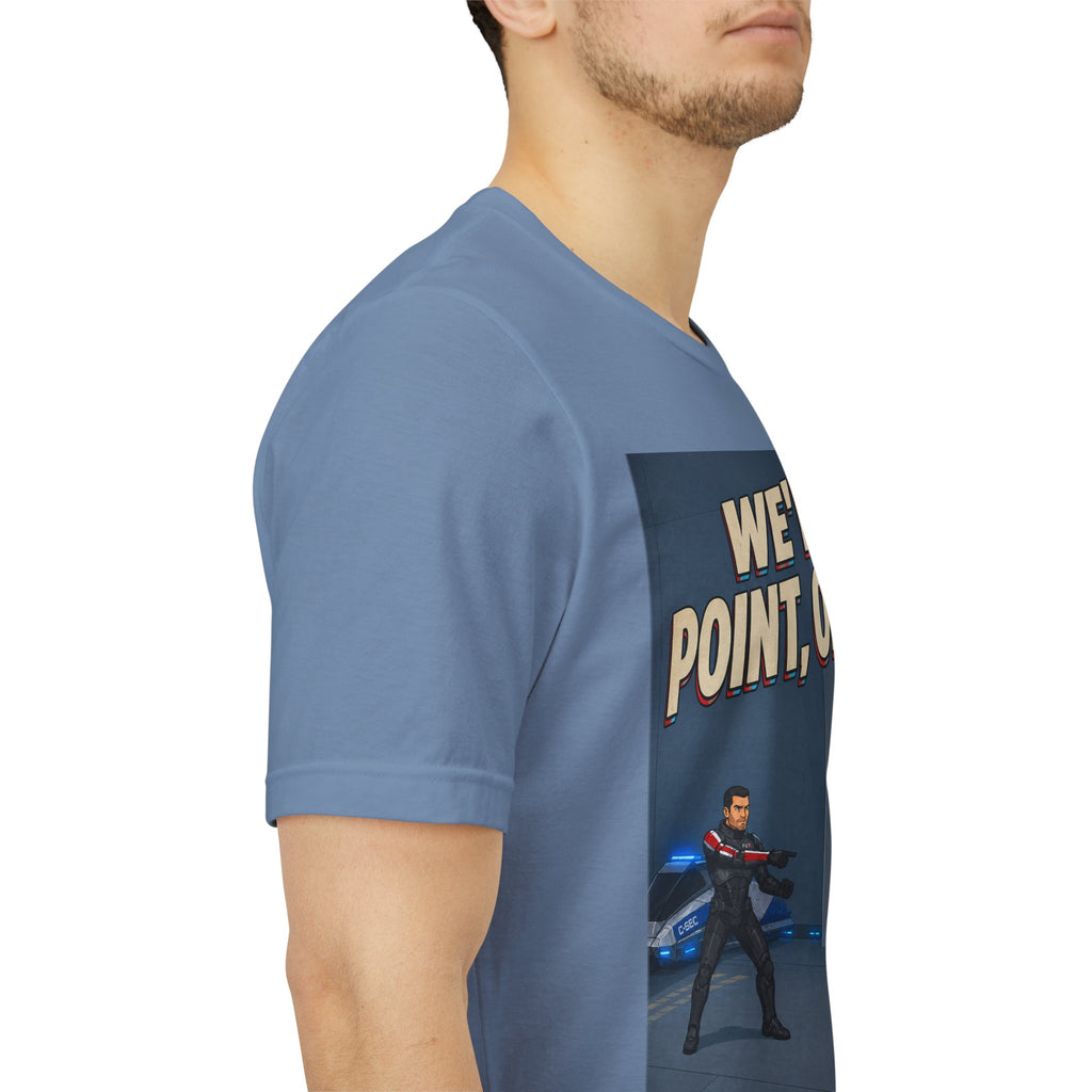 We'll Point, Okay? retro sci-fi action graphic T-shirt, blue shirts modeled by two women.