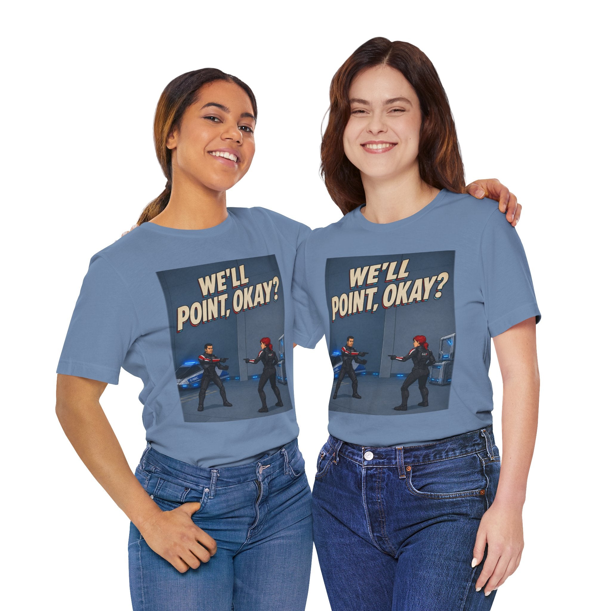 We'll Point, Okay? retro sci-fi action graphic T-shirt, blue shirt close-up on a woman in a casual room.