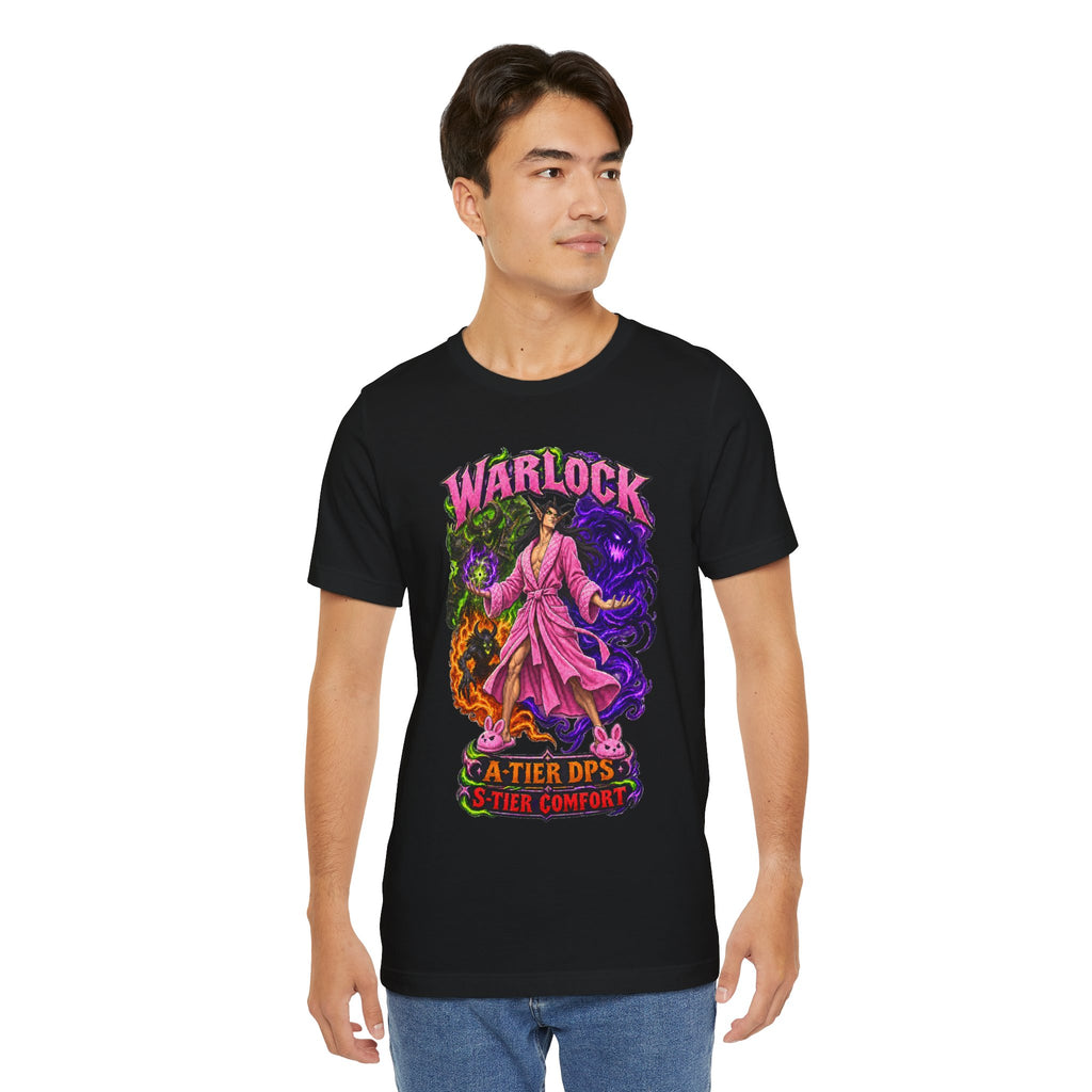 Warlock A-Tier DPS, S-Tier Comfort fantasy gamer T-shirt, black shirt front view modeled with the shirt untucked.