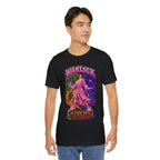 Warlock A-Tier DPS, S-Tier Comfort fantasy gamer T-shirt, black shirt front view modeled with the shirt untucked.