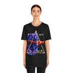 Fist My Bump Rocky and Grace sci-fi graphic T-shirt, black shirt front view modeled by a standing person.