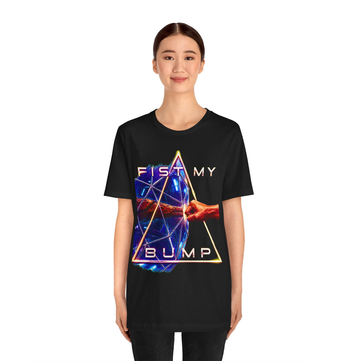 Fist My Bump Rocky and Grace sci-fi graphic T-shirt, black shirt front view modeled by a standing person.