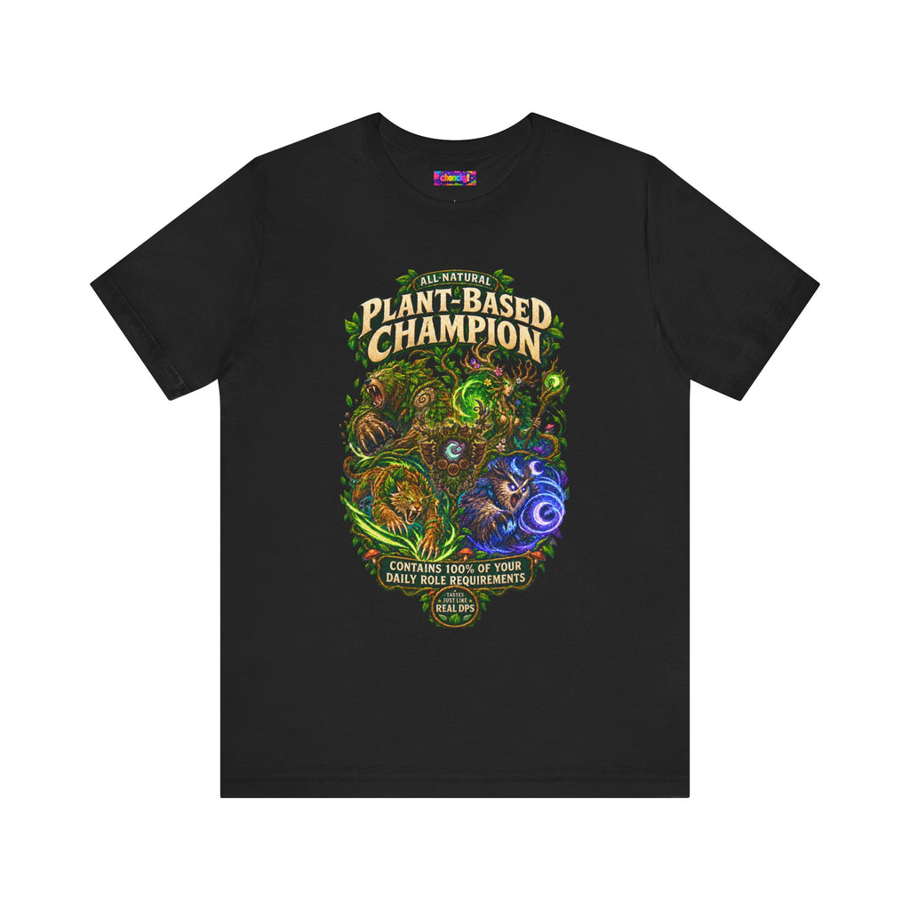 Plant-Based Champion fantasy druid graphic T-shirt, black shirt laid flat, front view.