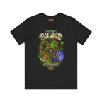 Plant-Based Champion fantasy druid graphic T-shirt, black shirt laid flat, front view.