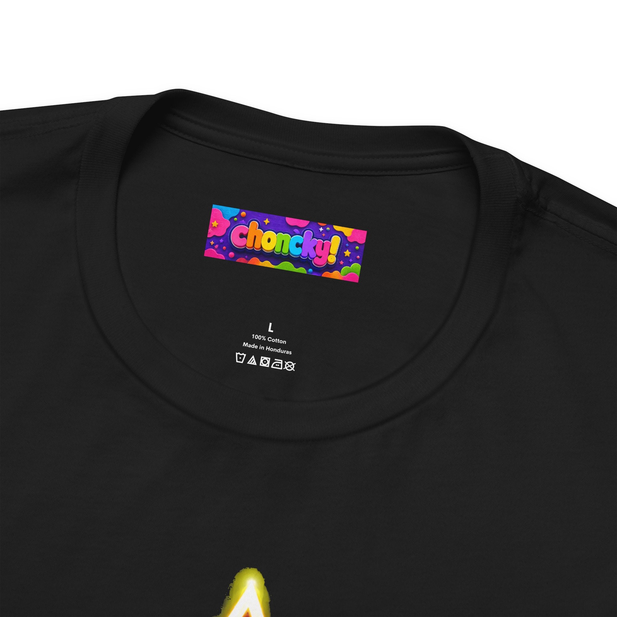 Fist My Bump Rocky and Grace sci-fi graphic T-shirt, close-up of the Choncky neck label.