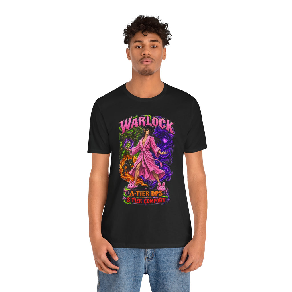 Warlock A-Tier DPS, S-Tier Comfort fantasy gamer T-shirt, black shirt front view modeled with a relaxed stance.