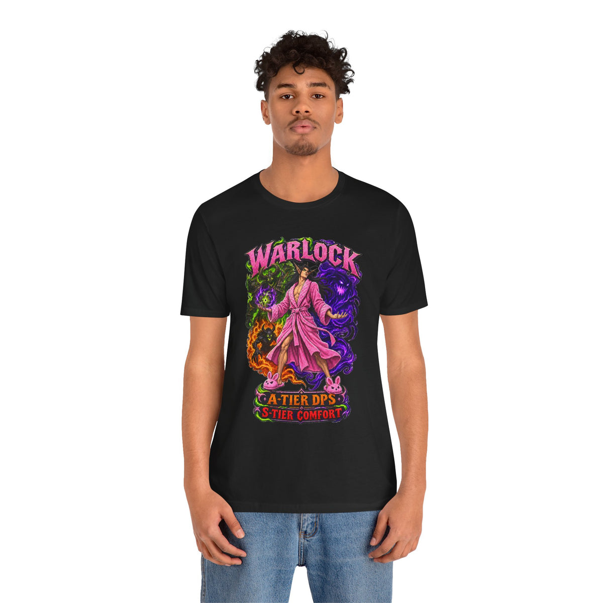 Warlock A-Tier DPS, S-Tier Comfort fantasy gamer T-shirt, black shirt front view modeled with a relaxed stance.