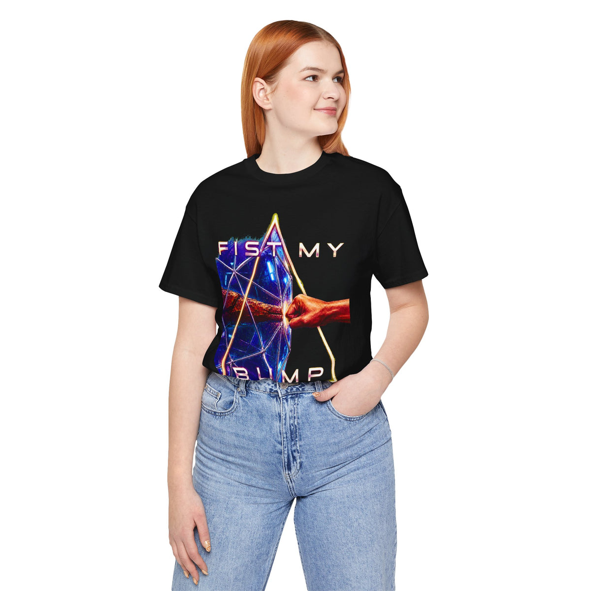 Fist My Bump Rocky and Grace sci-fi graphic T-shirt, black shirt front view modeled in a casual stance.
