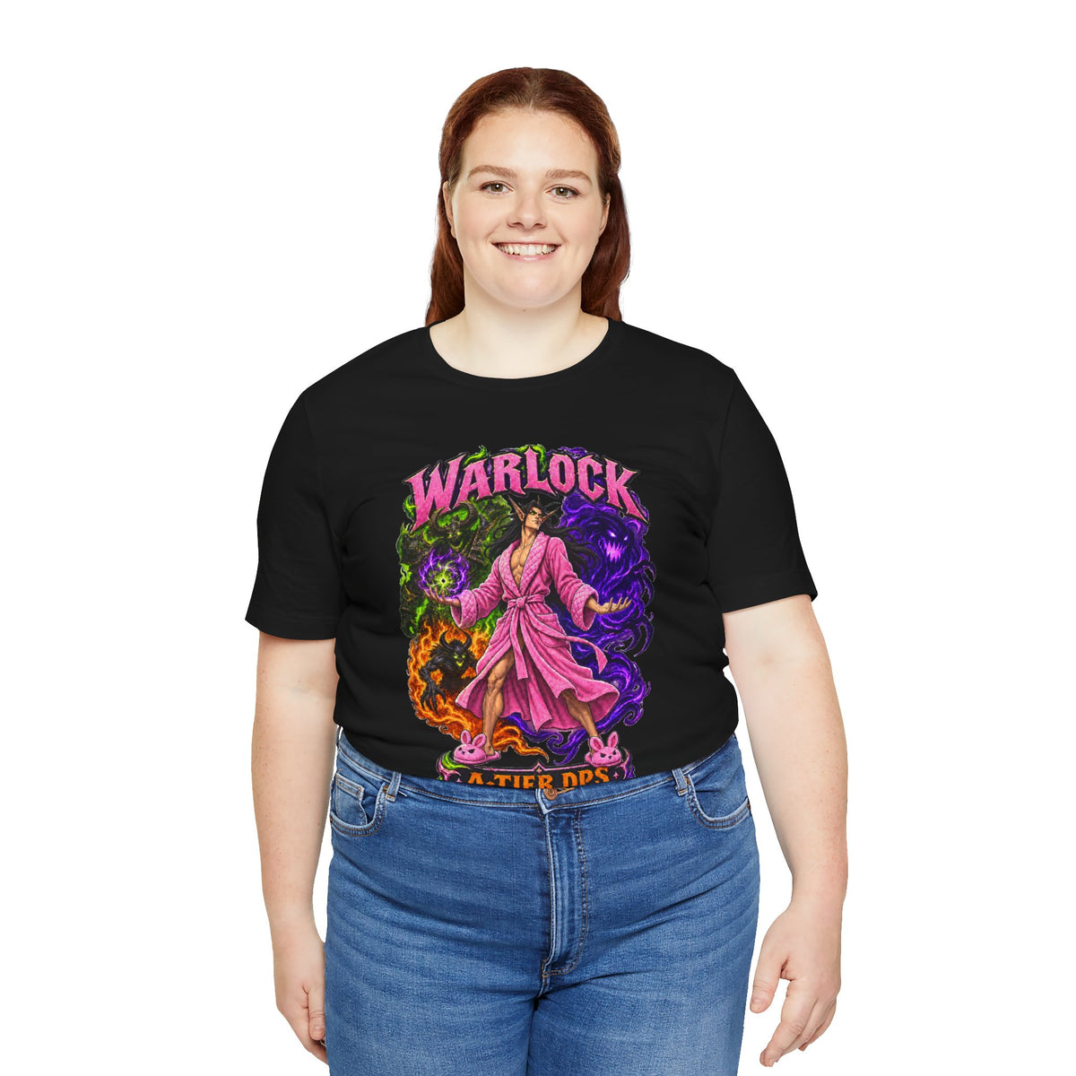Warlock A-Tier DPS, S-Tier Comfort fantasy gamer T-shirt, black shirt front view modeled with hands at the sides.