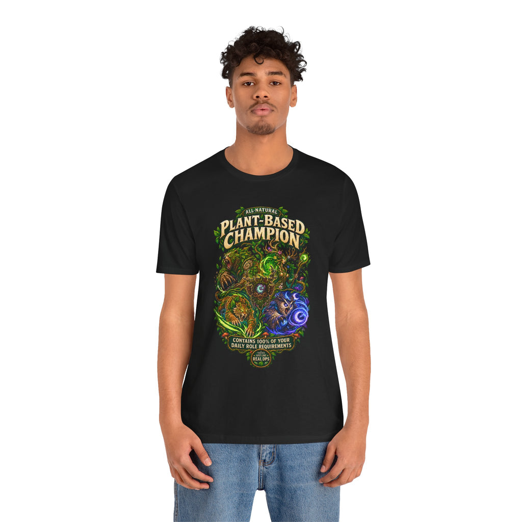 Plant-Based Champion fantasy druid graphic T-shirt, black shirt front view modeled with a relaxed stance.