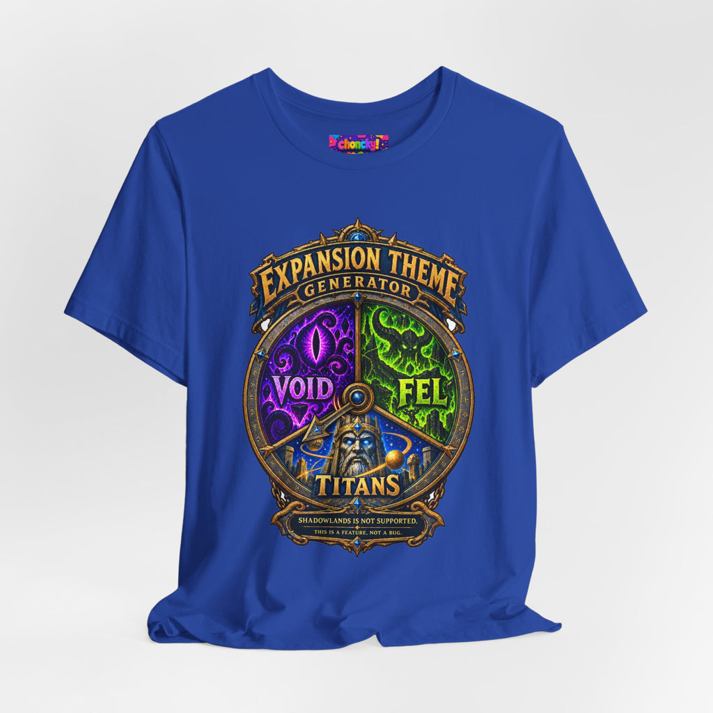Expansion Theme Generator fantasy MMO graphic T-shirt, blue shirt draped on a light background.